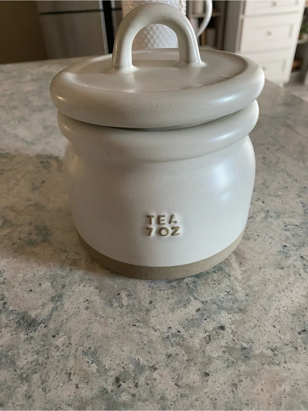 Heart Hand Cream Stoneware Tea Canister with Lid - 'TEA 7 OZ' Embossed